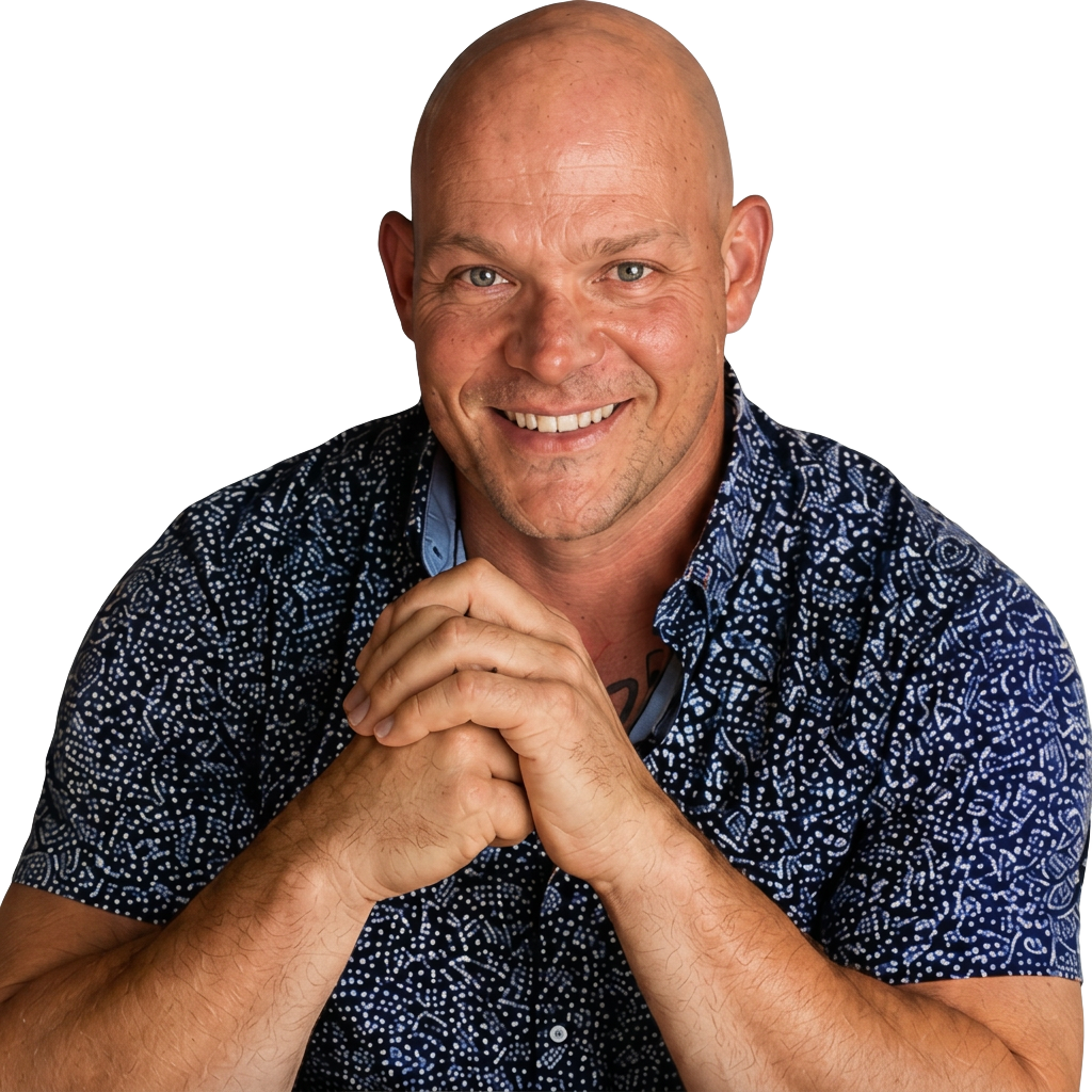 Dan Perkins smiling, with his hands clasped